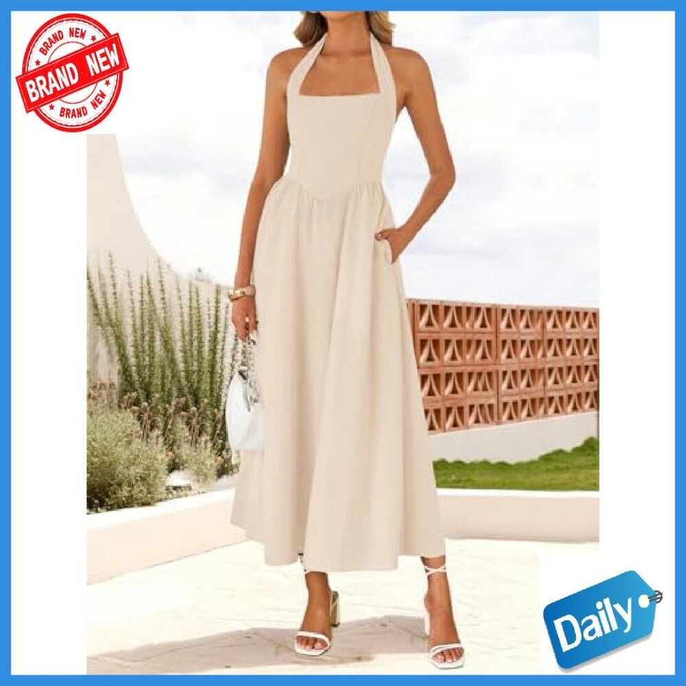 Sleeveless Halter Midi Dress High Waist Flowy Backless Off Shoulder - Picture 3 of 8